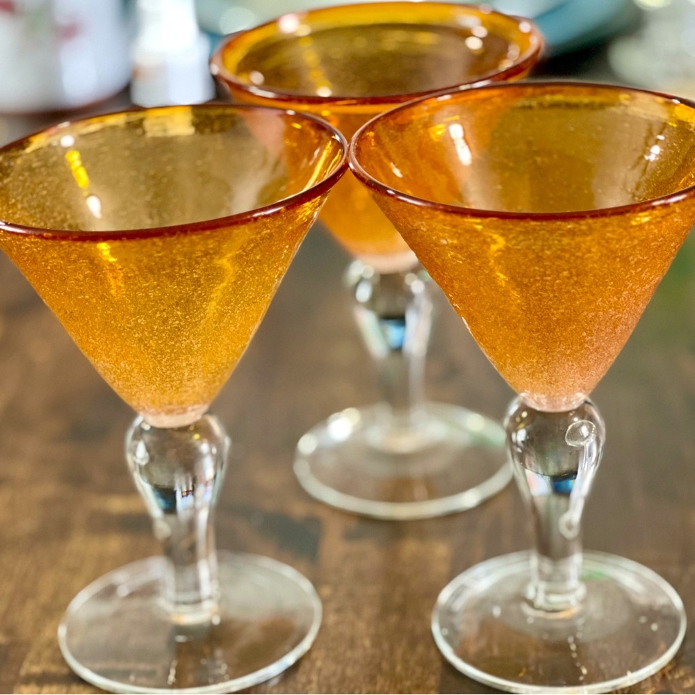 Set of 3 Amber Gold Bubble Martini Glasses Hand-Blown Cocktail Bar